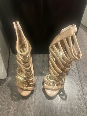 Stylish Nude Strappy Gladiator Heels - Women